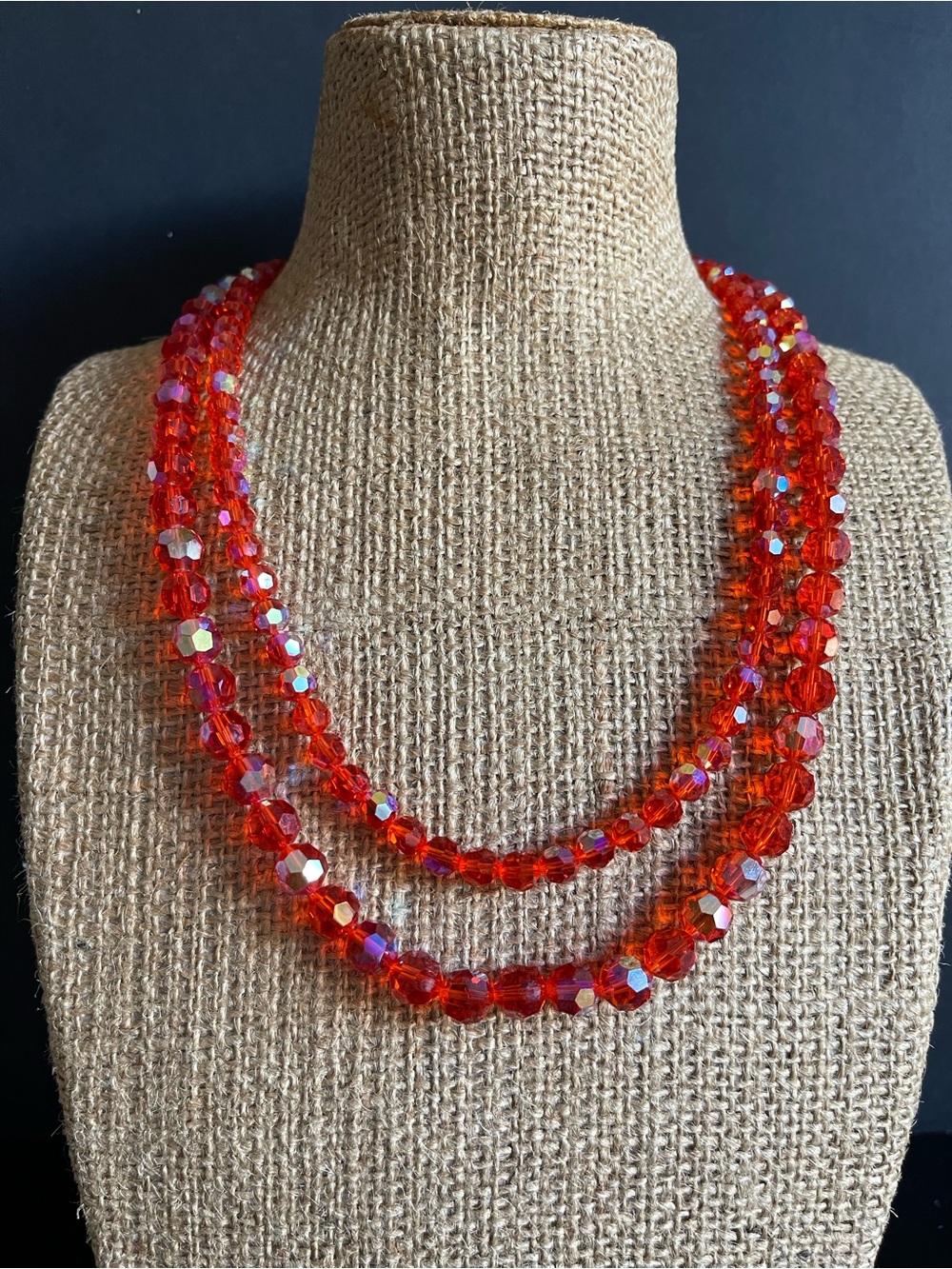 Vintage Red Faceted  AB Crystal Double Strand Necklace with rhinestone clasp.
